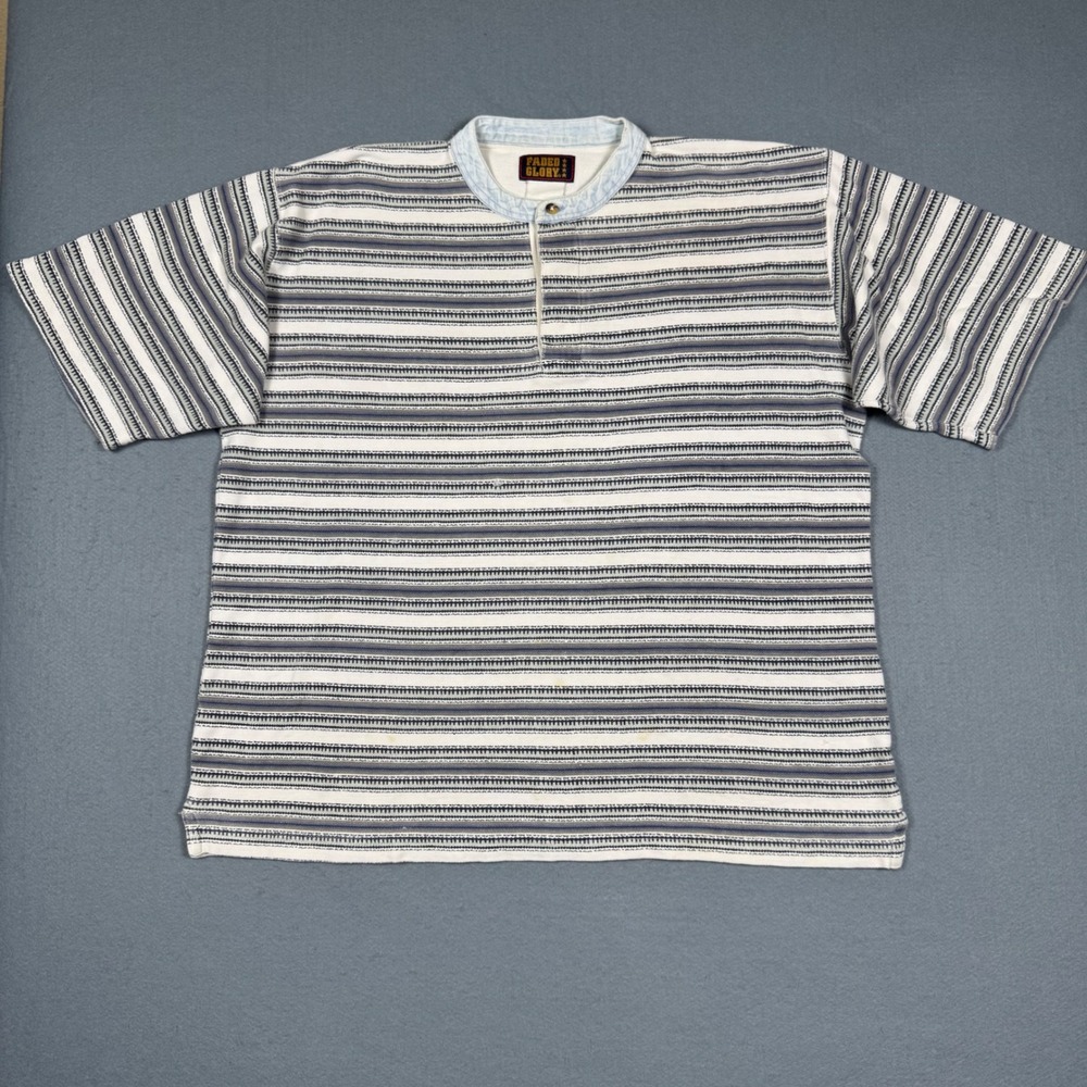 Vintage Faded Glory Mens XL Henley Shirt Striped Denim Collar Blue White 90s XL